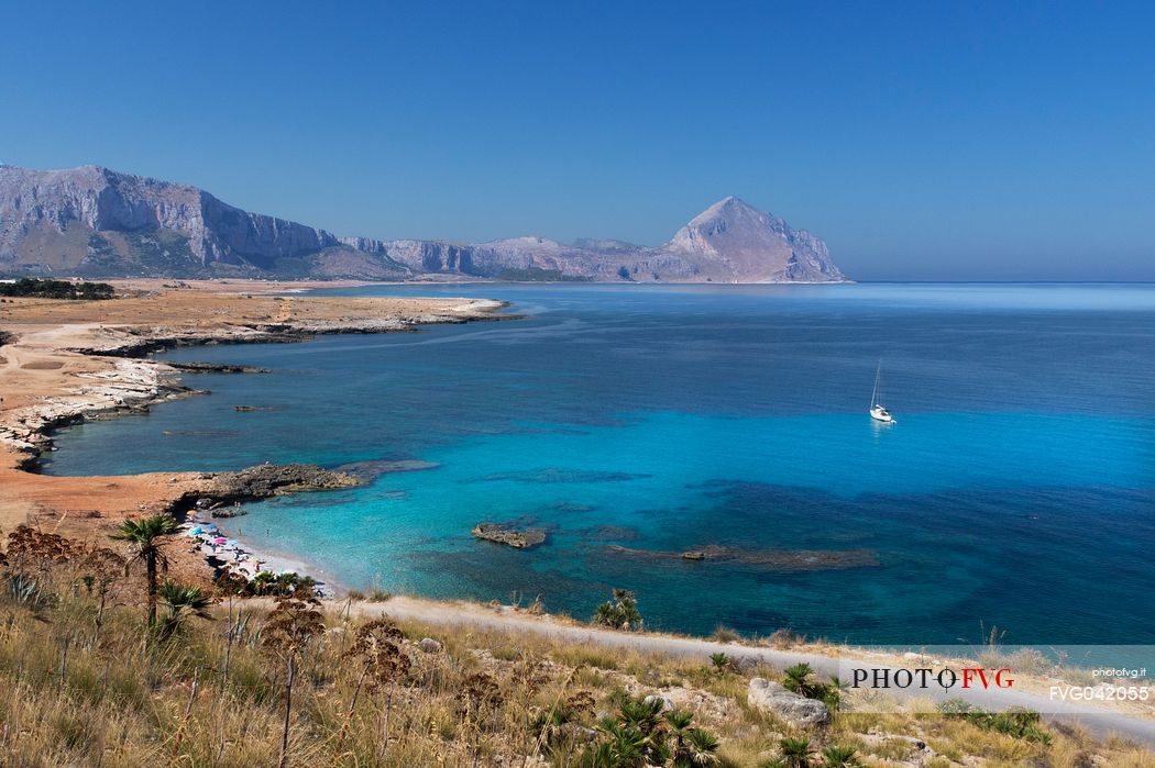 Overhead view of Macari gulf and in the background the Capo Cofano mount, San Vito Lo Capo, Sicily, Italy, Europe