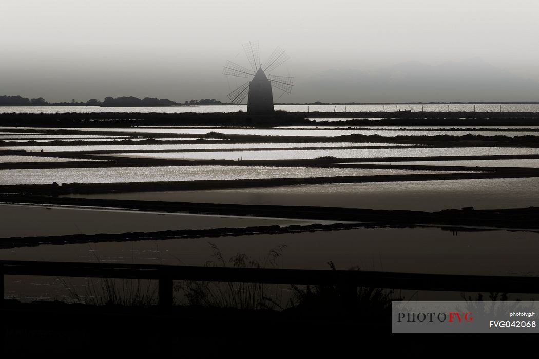 Mozia, windmill and salt field, isole dello Stagnone, Marsala, Trapani, Sicily, Italy, Europe