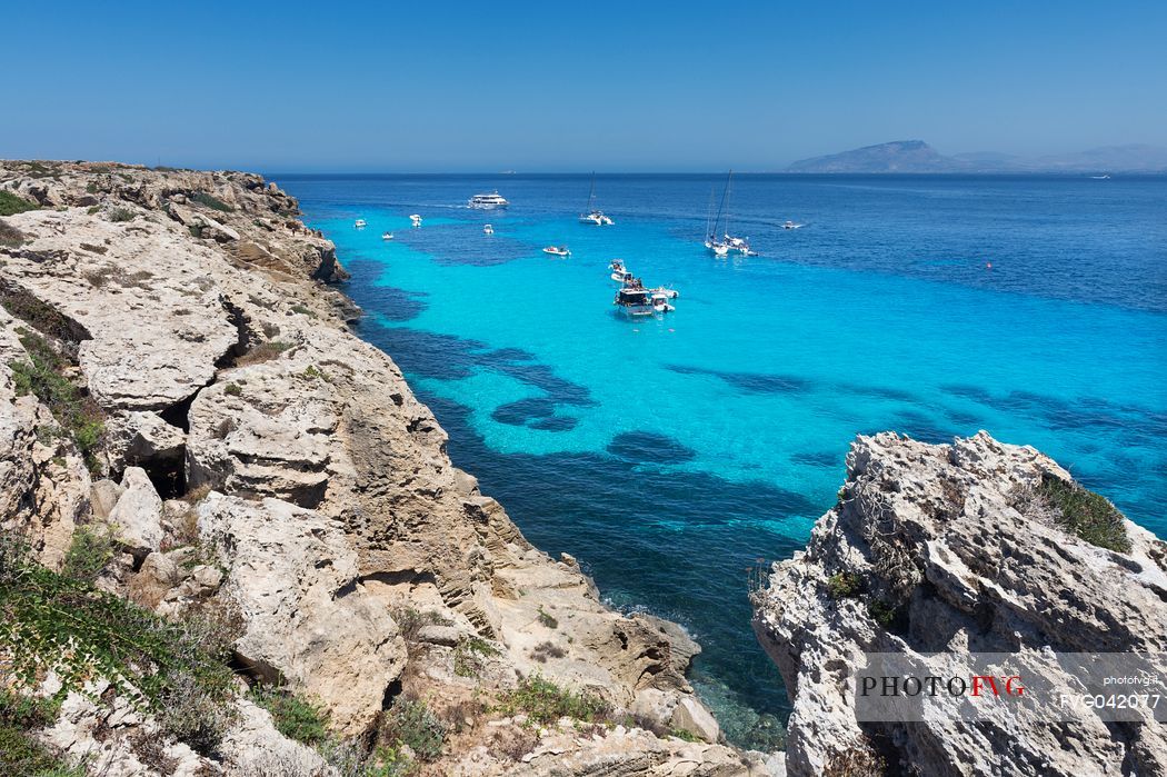 The eastern coast of the island of Favignana Cala Bue Marino beach, Egadi islands, Sicily, Italy, Europe