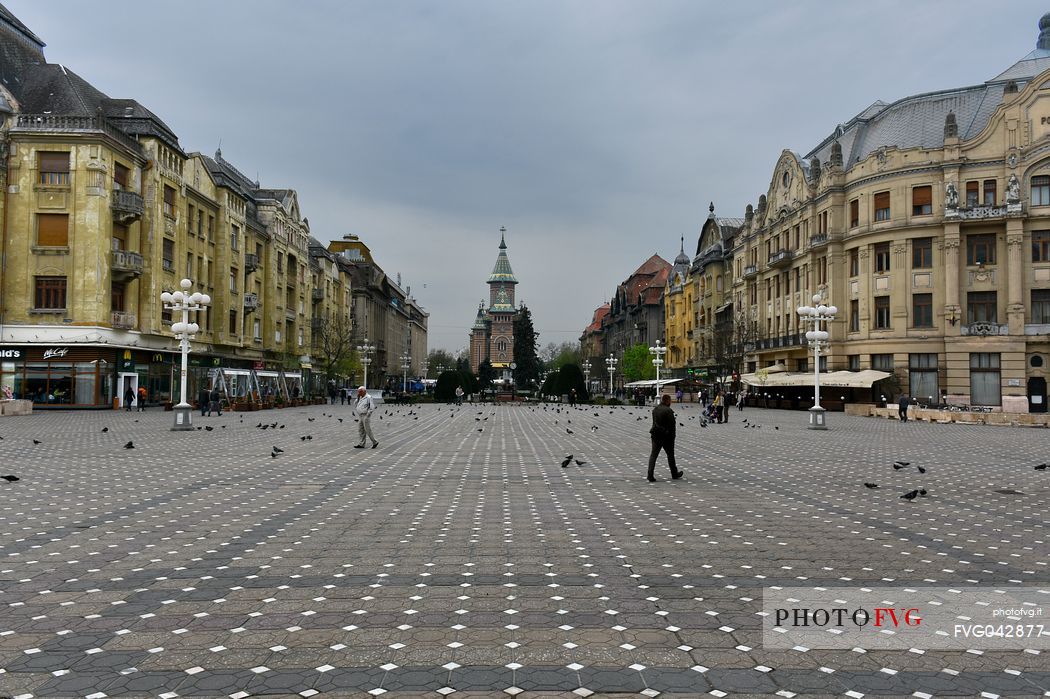 Piata Victoriei square surrounded by secessionist buildings and in the background the Orthodox Cathedral, Timisoara, Romania, Europe