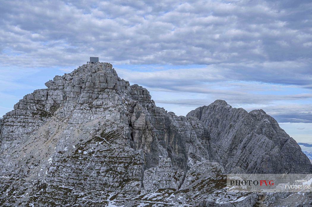 Luca Vuerich hut on the top of Foronon del Buinz, Montasio mount, Julian alps, Friuli Venezia Giulia, Italy, Europe