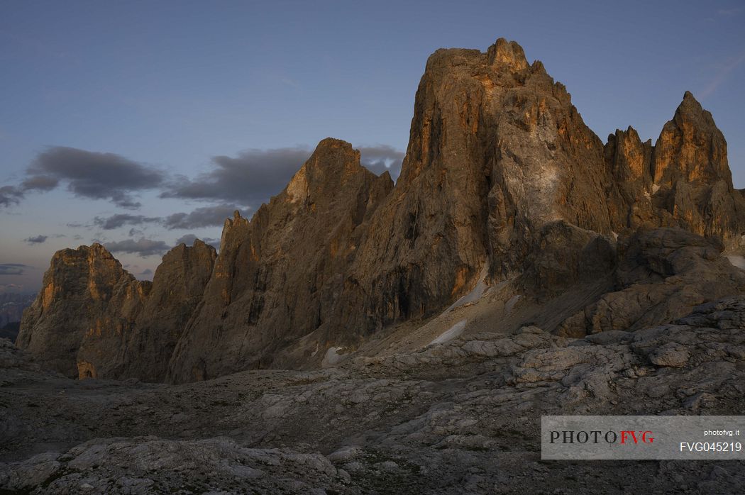 Fococobon mount in the Pale di San Martino mountain range at sunrise, Mulaz pass, dolomites, Trentino Alto Adige, Italy, Europe