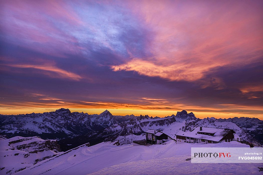 The Lagazuoi hut at dawn, in the background Sorapiss, Antelao and Pelmo, dolomites, Cortina d'Ampezzo, Veneto, Italy, Europe