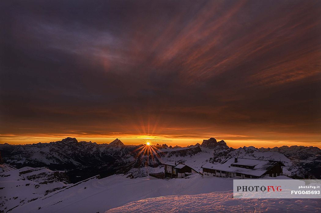 The Lagazuoi hut at dawn, in the background Sorapiss, Antelao and Pelmo, dolomites, Cortina d'Ampezzo, Veneto, Italy, Europe