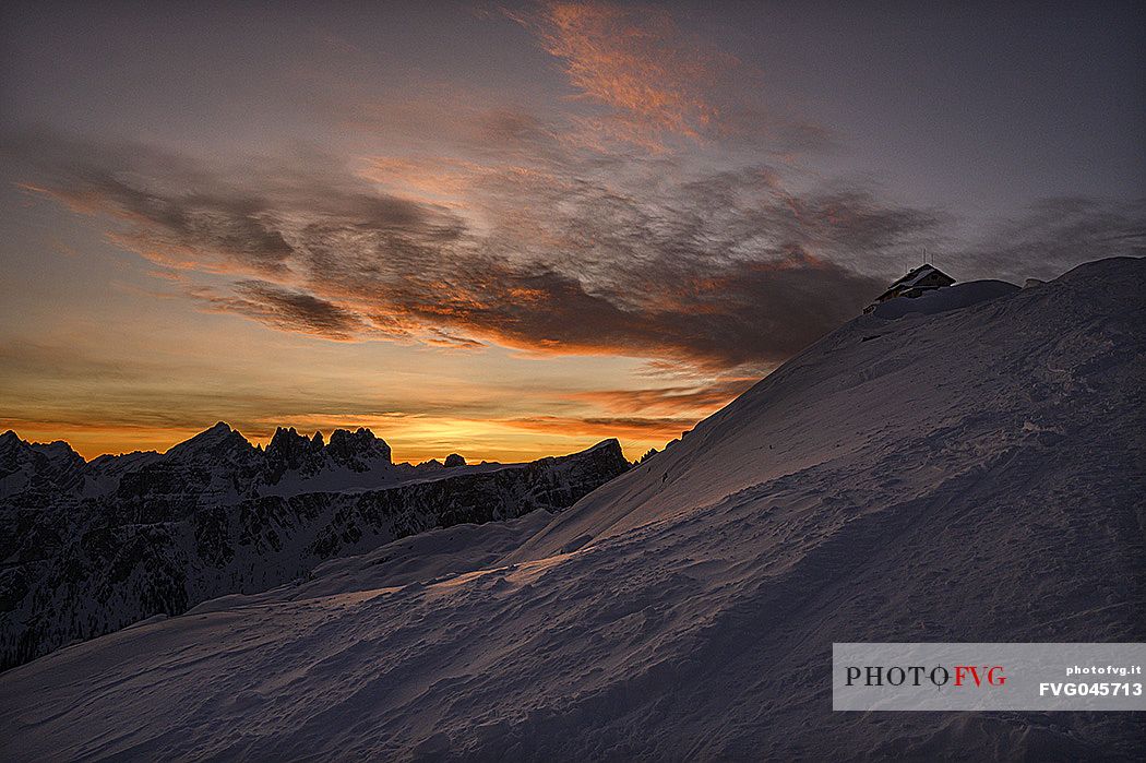 Nuvolau hut on the top of Nuvolau mount at sunrise, Cortina d'Ampezzo, dolomites, Veneto, Italy, Europe