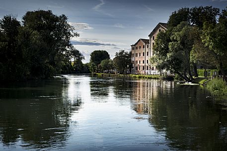 Mulino Mandelli, industrial archeology of Treviso along the Restera, towpath along the Sile river, Treviso, Veneto, Italy, Europe Mulino Mandelli, industrial archeology of Treviso along the Restera, towpath along the Sile river, Treviso, Veneto, Italy, Europe