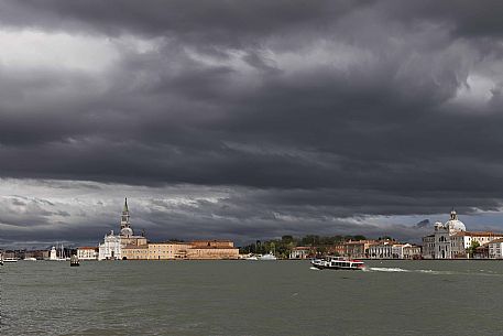 View of the Basilica of San Giorgio Maggiore from Punta della Dogana after the storm, Venice, Veneto, Italy, Europe