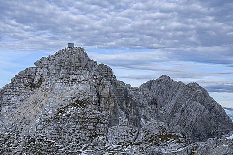 Luca Vuerich hut on the top of Foronon del Buinz, Montasio mount, Julian alps, Friuli Venezia Giulia, Italy, Europe