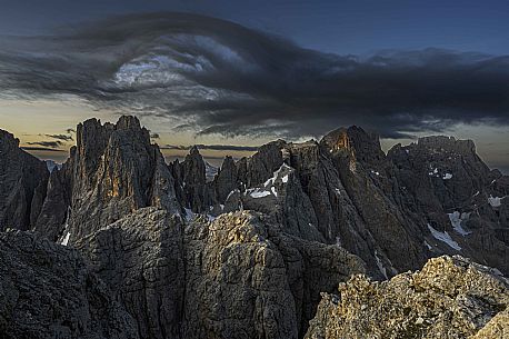 Fococobon mountain in thePale di San Martino mountain grup at sunrise from the top of Mulaz, dolomites, Trentino Alto Adige, Italy, Europe Fococobon mountain in thePale di San Martino mountain grup at sunrise from the top of Mulaz, dolomites, Trentino Alto Adige, Italy, Europe