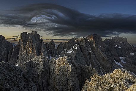 Fococobon mountain in thePale di San Martino mountain grup at sunrise from the top of Mulaz, dolomites, Trentino Alto Adige, Italy, Europe