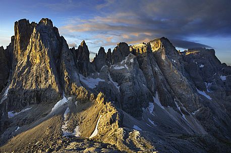 Spires between the Cima del Focobon and Cima dei Bureloni in the Pale di San Martino mountain range, dolomites, Trentino Alto Adige, Italy, Europe