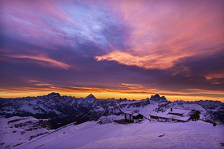 The Lagazuoi hut at dawn, in the background Sorapiss, Antelao and Pelmo, dolomites, Cortina d'Ampezzo, Veneto, Italy, Europe The Lagazuoi hut at dawn, in the background Sorapiss, Antelao and Pelmo, dolomites, Cortina d'Ampezzo, Veneto, Italy, Europe