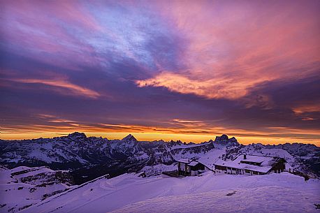 The Lagazuoi hut at dawn, in the background Sorapiss, Antelao and Pelmo, dolomites, Cortina d'Ampezzo, Veneto, Italy, Europe