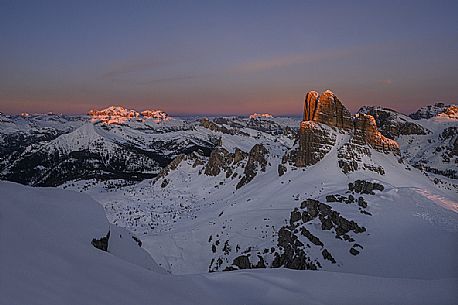 Averau mount and in the background the Sella mountain group from the top of Nuvolau mount at sunrise, dolomites, Cortina d'Ampezzo, Veneto, Italy, Europe