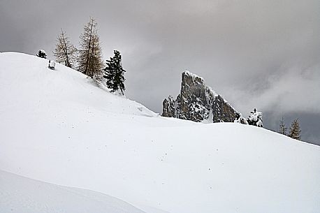 Sass de Stra peak in the snow, Falzarego pass, Cortina d'Ampezzo, dolomites, Veneto, Italy, Europe