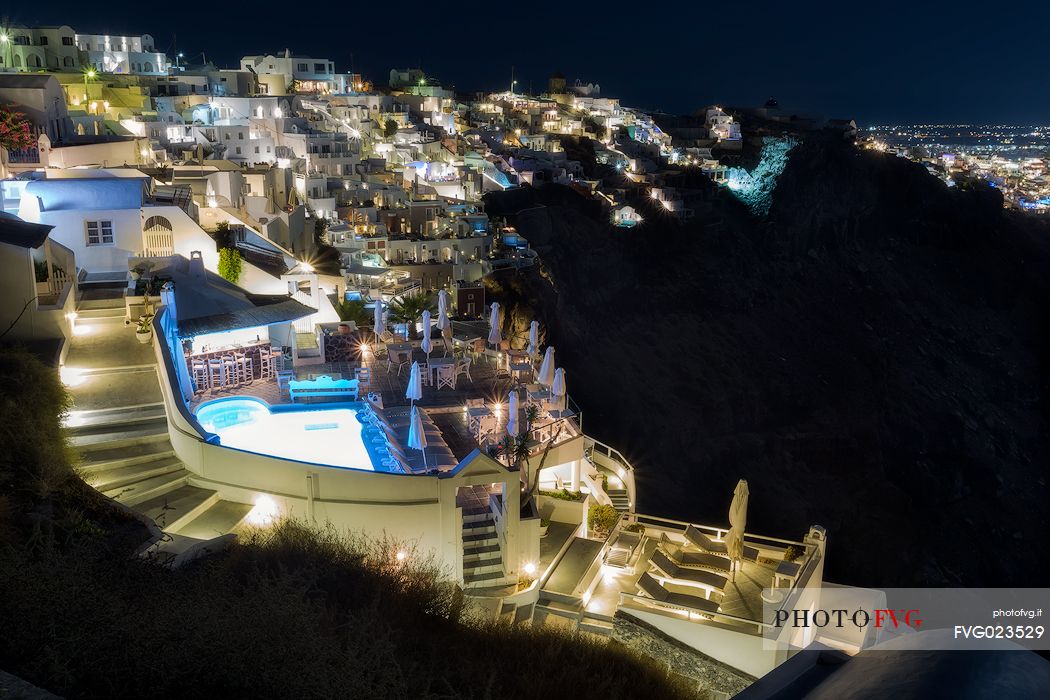 Panoramic view by night of Imerovigli village in Santorini island, Greece
