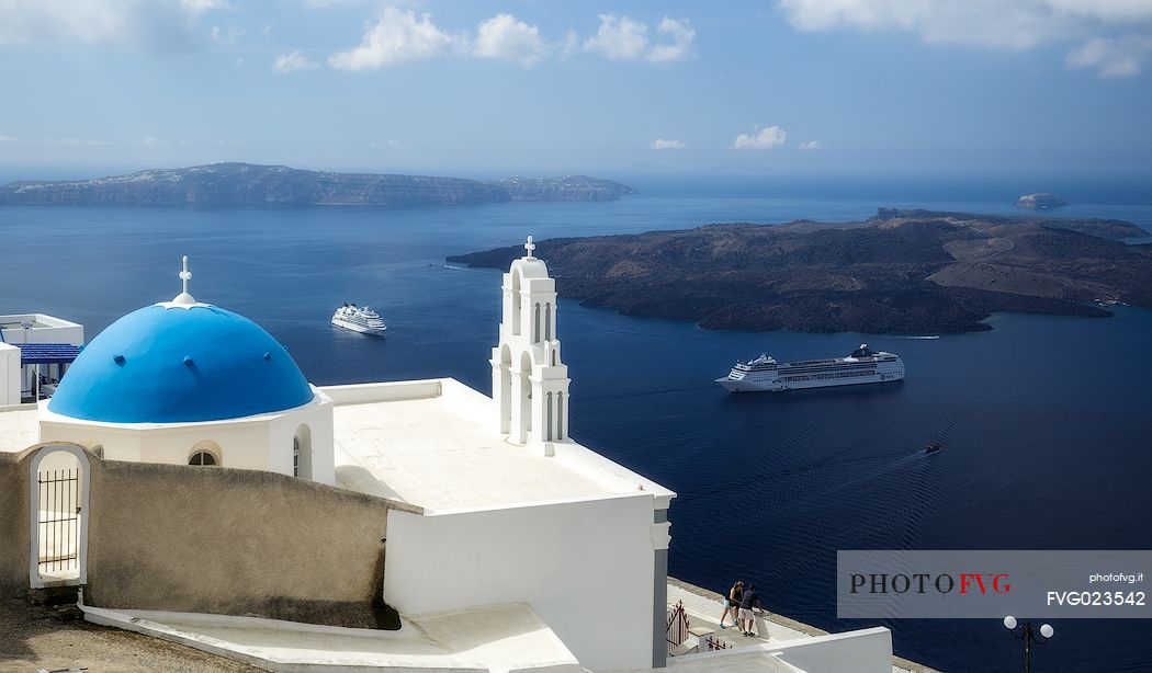 Overhead view of Firostefani church in Santorini island, Greece