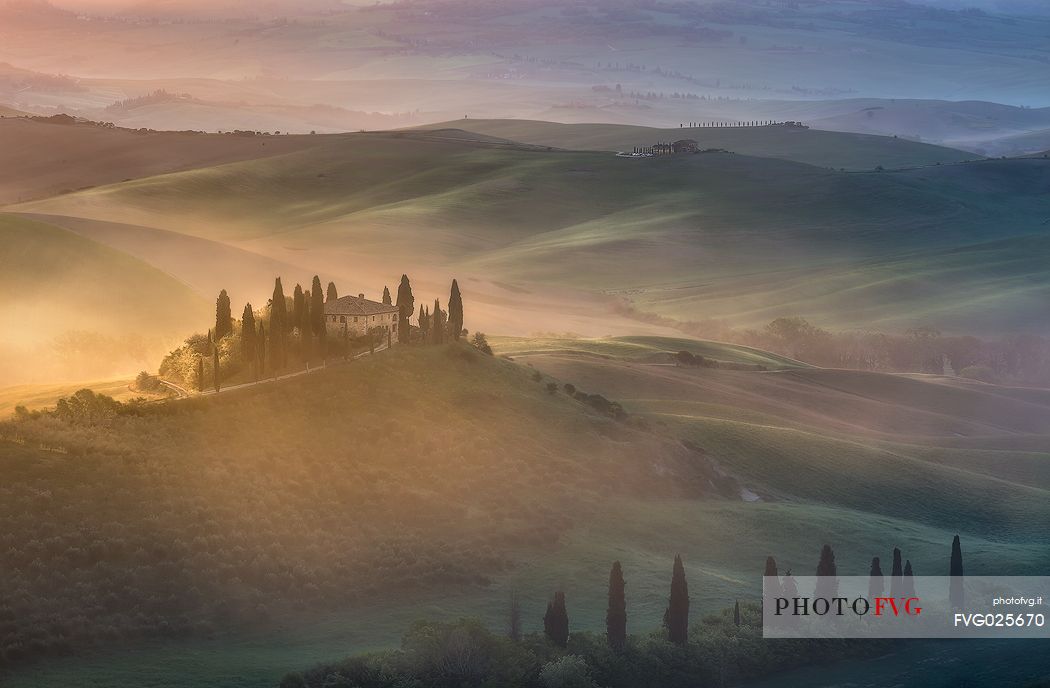 Foggy dawn, San Quirico D'Orcia, Tuscany, Italy