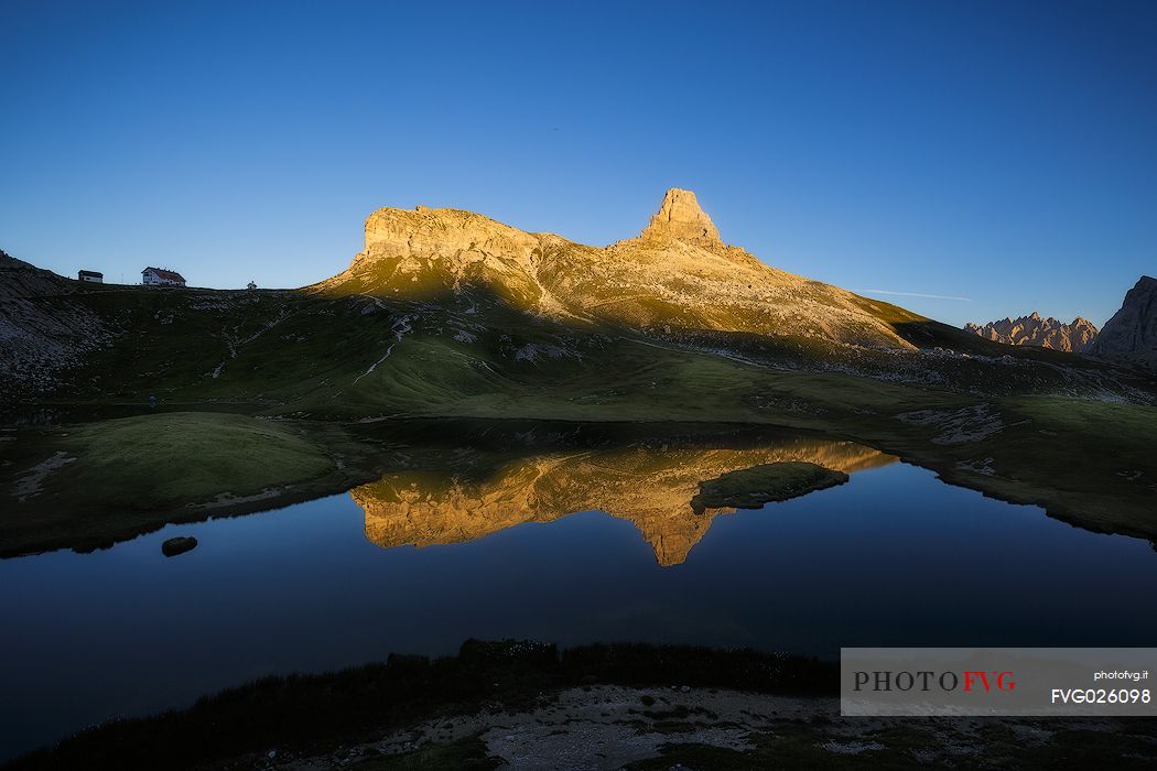 Piani lakes and Locatelli mountain hut in the Tre Cime natural park, dolomites, Italy