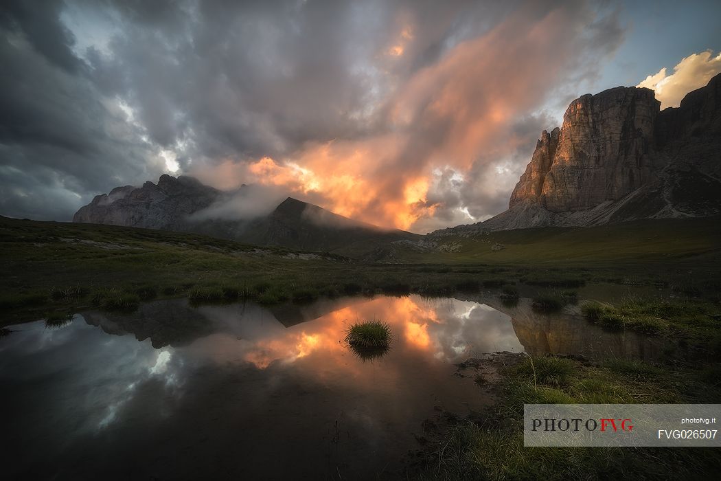 Baste lake at dusk, Giau pass, Cortina d'Ampezzo, dolomites, Italy