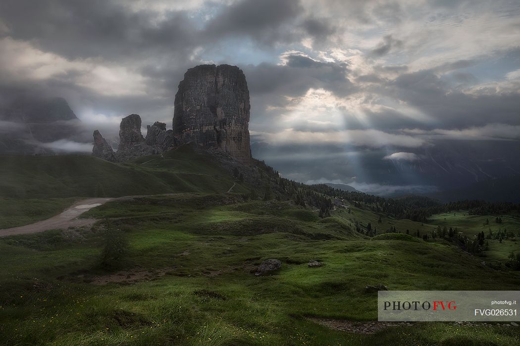 Cinque Torri monolith rocks at dawn, Cortina d'Ampezzo, dolomites, Italy