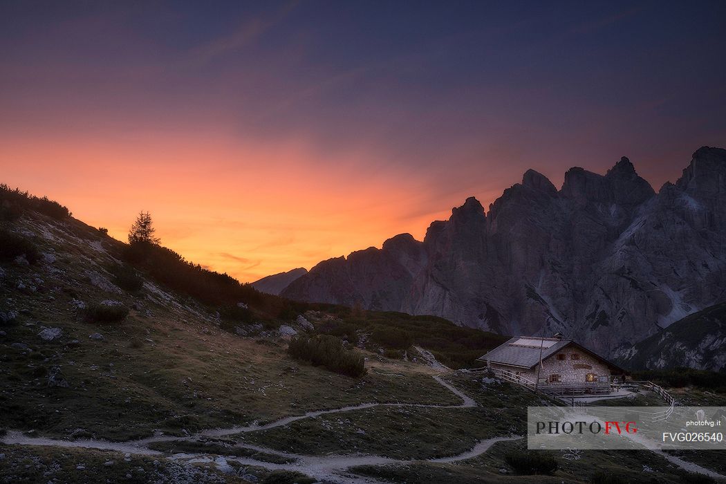 Langalm shelter at sunset, Tre Cime natural park, dolomites, Italy