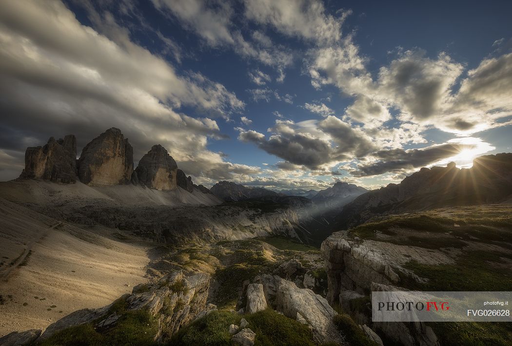 Tre cime di Lavaredo painted by sunlight, dolomites, South Tyrol, Italy