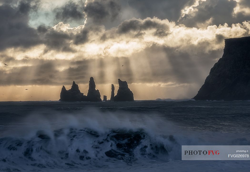 Reynisdrangar cliffs, volcanic rock formations on the coast in the storm, Vik i Myrdal, Iceland
