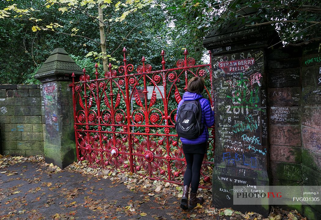 The gate of Strawberry field orphanage  made famous by a Beatles song: Strawberry Fields Forever, Liverpool, United Kingdom