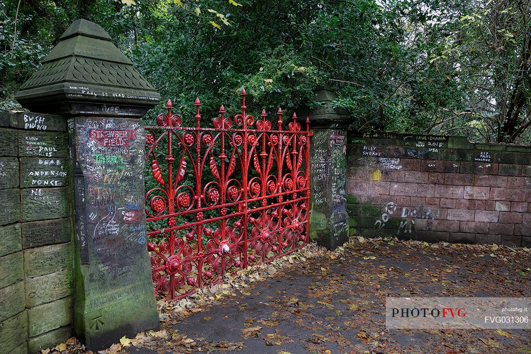 The gate of Strawberry field orphanage  made famous by a Beatles song: Strawberry Fields Forever, Liverpool, United Kingdom