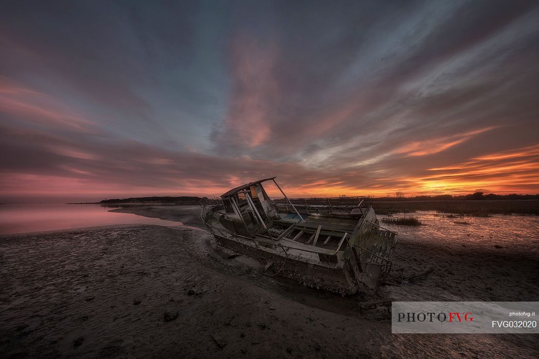 Wreck boat on river Tagliamento mouth, adriatic sea, Friuli Venezia Giulia, Italy