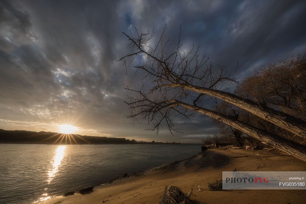 Tagliamento river view from Lignano riviera side just a moment before sunset, Friuli Venezia Giulia, Italy, Europe