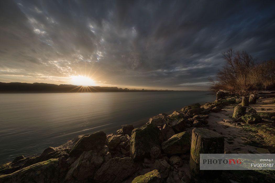 Tagliamento river view from Lignano riviera side just a moment before sunset, Friuli Venezia Giulia, Italy, Europe