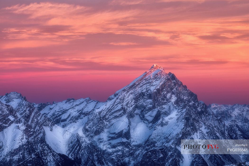 Panoramic view of Antelao mount from Lagazuoi mountain hut at sunset, Lagazuoi pass, Cortina d'Ampezzo, dolomites, Italy, Europe