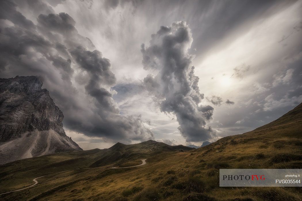 Stormy clouds coming over Pale di San Martino peaks, Parco Naturale Paneveggio Pale di San Martino natural park, dolomites, Trentino Alto Adige, Italy, Europe