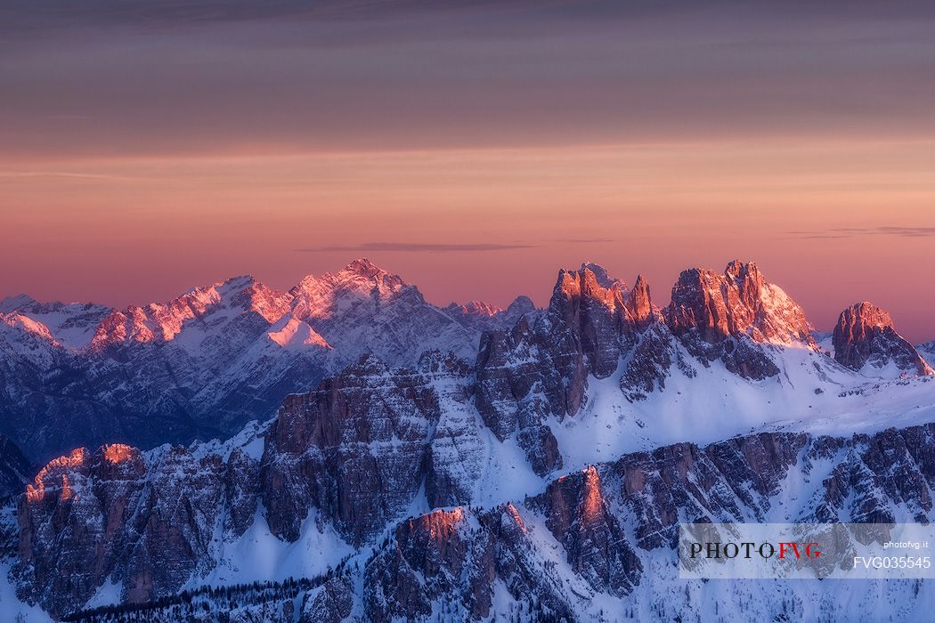 Croda da Lago peak at sunset from Lagazuoi mountain top, Falzarego pass, Cortina d'Ampezzo, dolomites, Italy, Europe