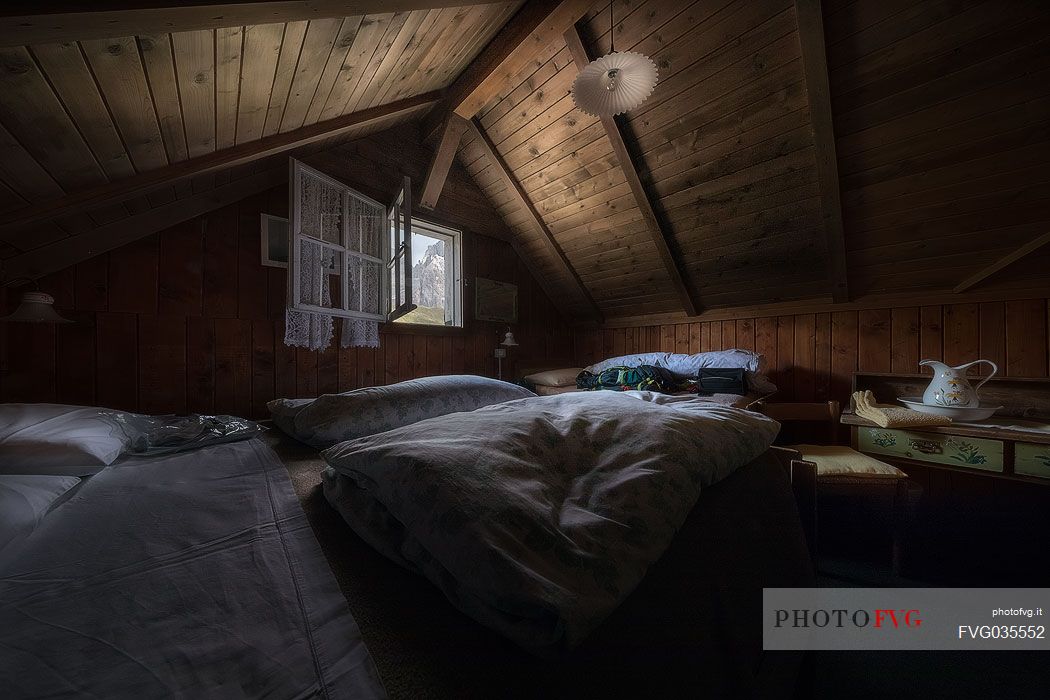 Inside view of a room at Capanna Cervino mountain hut, Rolle Pass, Parco Naturale Paneveggio Pale di San Martino, dolomites, Trentino Alto Adige, Italy, Europe
