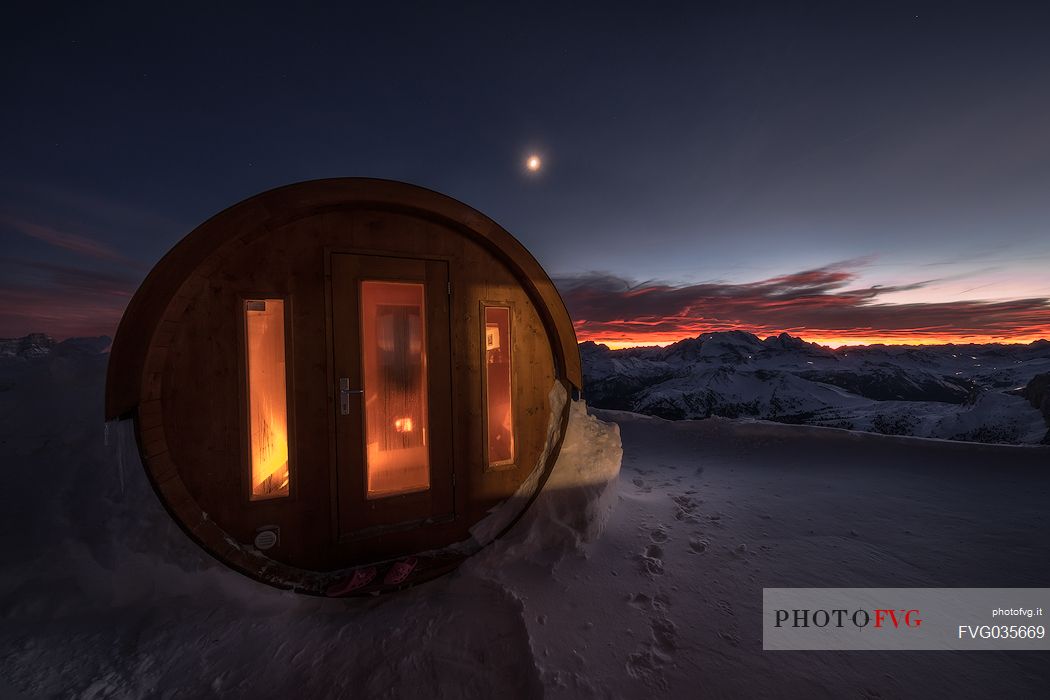 Panoramic view of Dolomites and the sauna of Lagazuoi mountain hut, Falzarego Pass, Cortina d'Ampezzo, dolomites, Italy, Europe