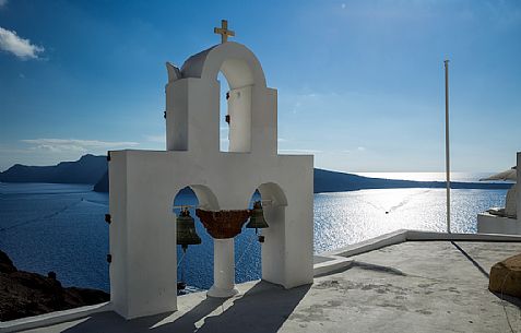 Belfry and Caldera view, Oia village, Santorini island, Greece