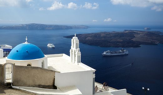 Overhead view of Firostefani church in Santorini island, Greece Overhead view of Firostefani church in Santorini island, Greece