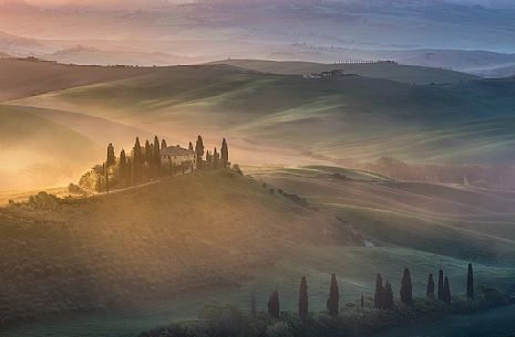 Foggy dawn, San Quirico D'Orcia, Tuscany, Italy