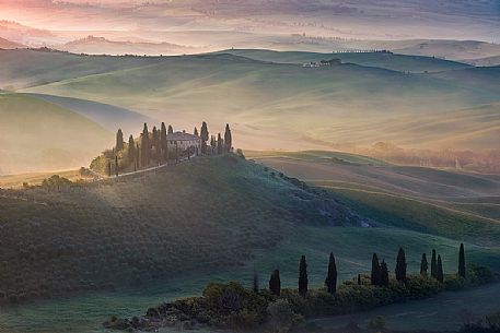 Foggy dawn, San Quirico D'Orcia, Tuscany, Italy