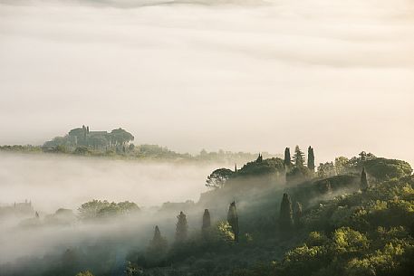 Misty landscape of Orcia Valley, Tuscany, Italy