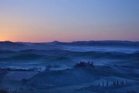 Foggy dawn, San Quirico D'Orcia, Tuscany, Italy