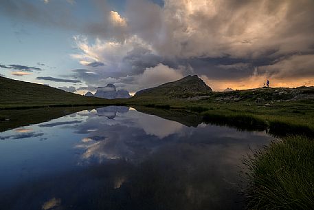 Mondeval, Lago delle Baste lake and Monte Pelmo in backgroud, Passo Giau, dolomites, Italy