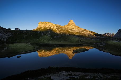 Piani lakes and Locatelli mountain hut in the Tre Cime natural park, dolomites, Italy