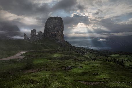 Cinque Torri monolith rocks at dawn, Cortina d'Ampezzo, dolomites, Italy