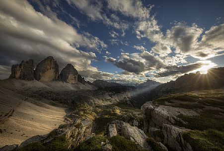 Tre cime di Lavaredo painted by sunlight, dolomites, South Tyrol, Italy