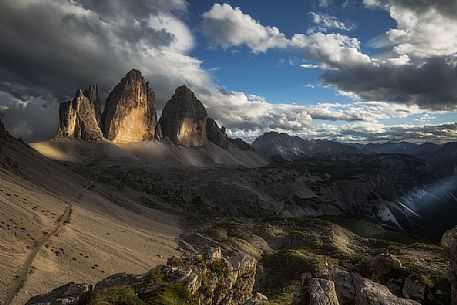 Tre cime di Lavaredo painted by sunlight, dolomites, South Tyrol, Italy