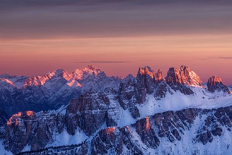 Croda da Lago peak at sunset from Lagazuoi mountain top, Falzarego pass, Cortina d'Ampezzo, dolomites, Italy, Europe